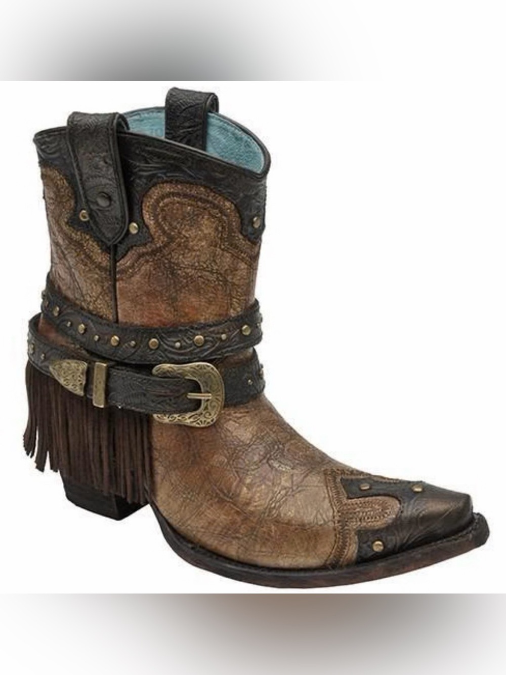 New Corral Boots Metallic Cognac Strap Fringe Stud Ankle Boot Western Brown Sz 8